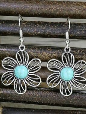 Boho Earrings for Women Turquoise Engraved Flower Dangle Drop Statement
